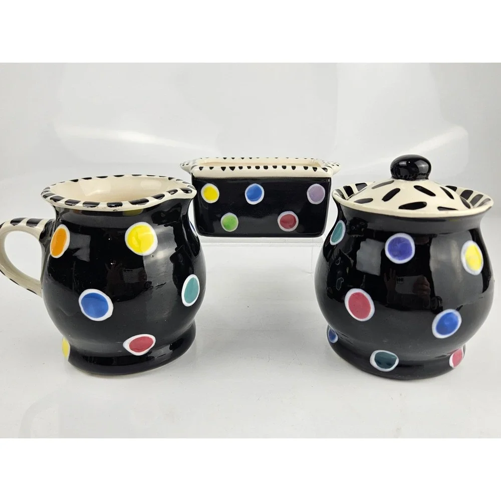 Lynn Morris Signed 3 Piece‎ Ceramic Creamer Sugar Set Polka Dot Black